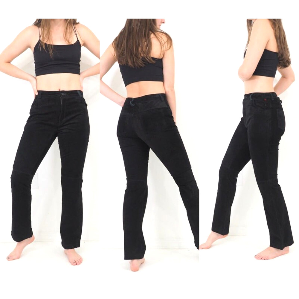 90s Vintage Black Suede Leather Pants‎ Mid Rise Straight Leg Women's Size 4/6